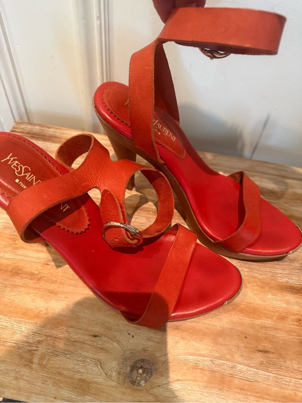 Yves Saint Laurent Orange-Red Leather Ankle-Strap Heels
